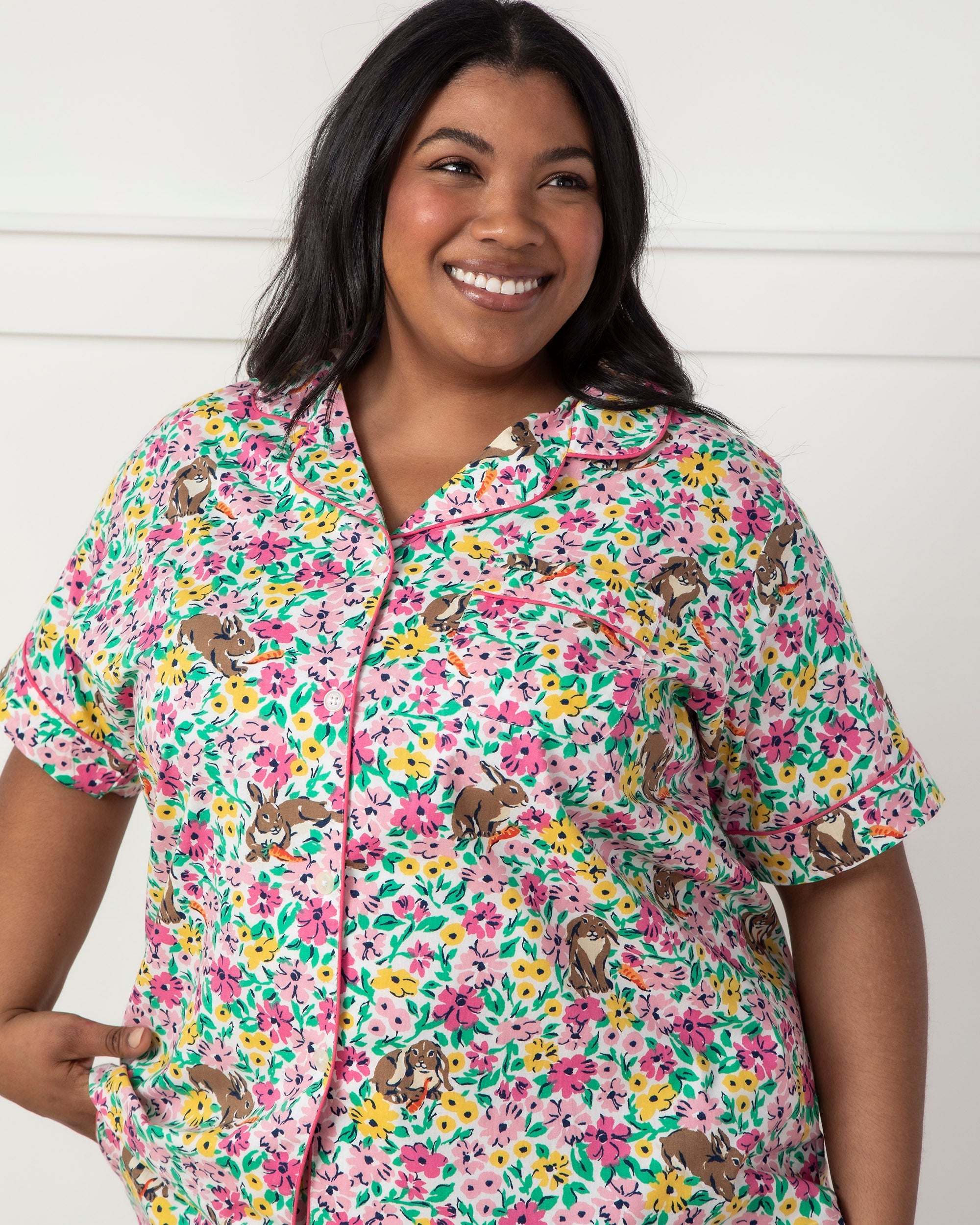 Bunny Trail - Short Sleeve Top & Cropped Pajama Pants Set - Spring Meadow